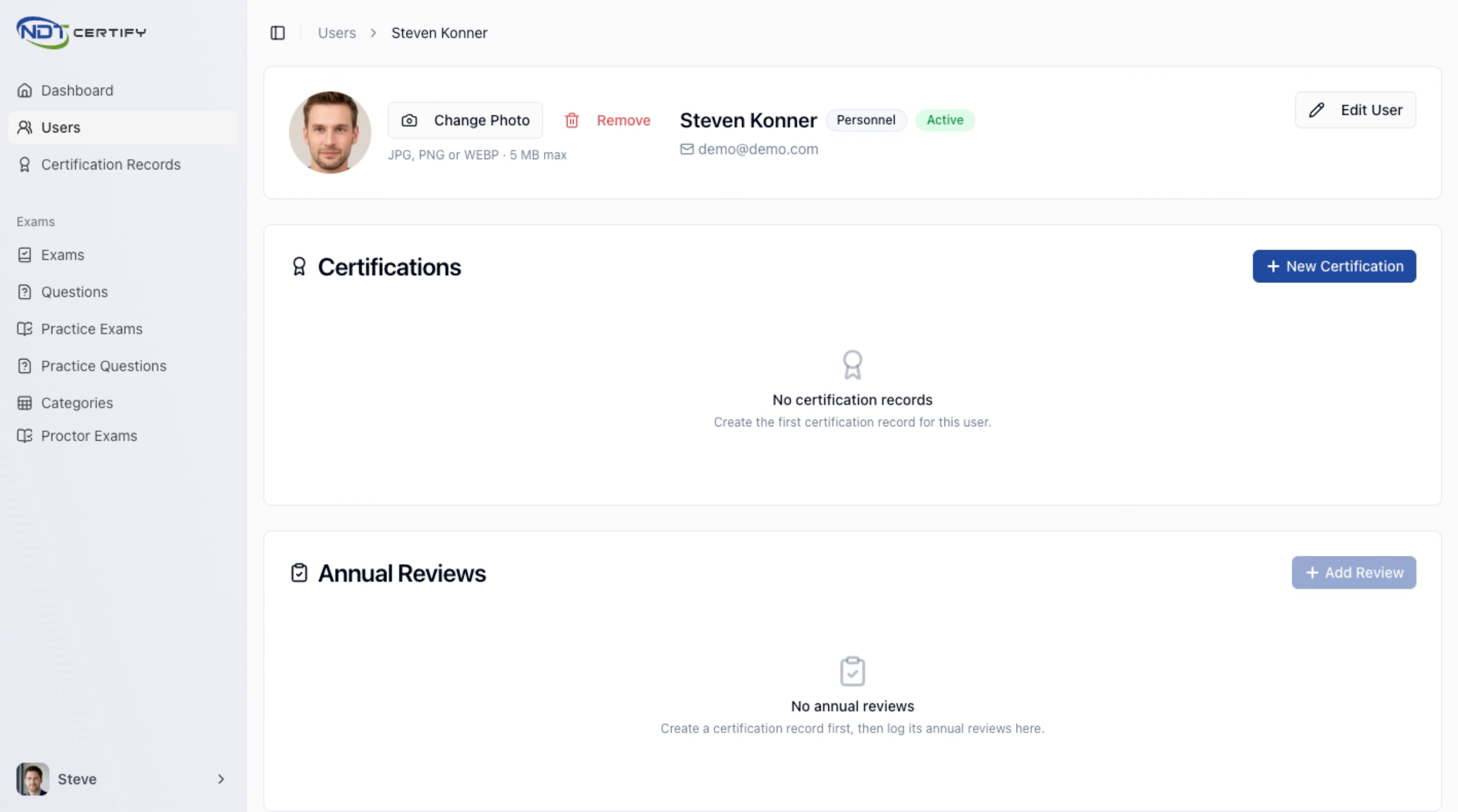 Screenshot: Edit User Profile or Add Certification