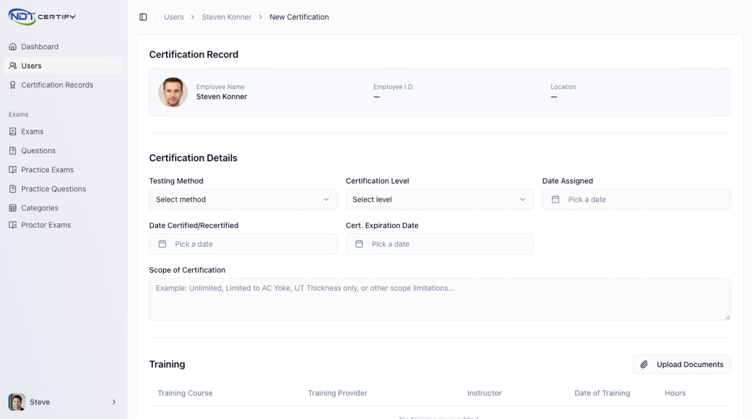 Screenshot: Select Certification Details