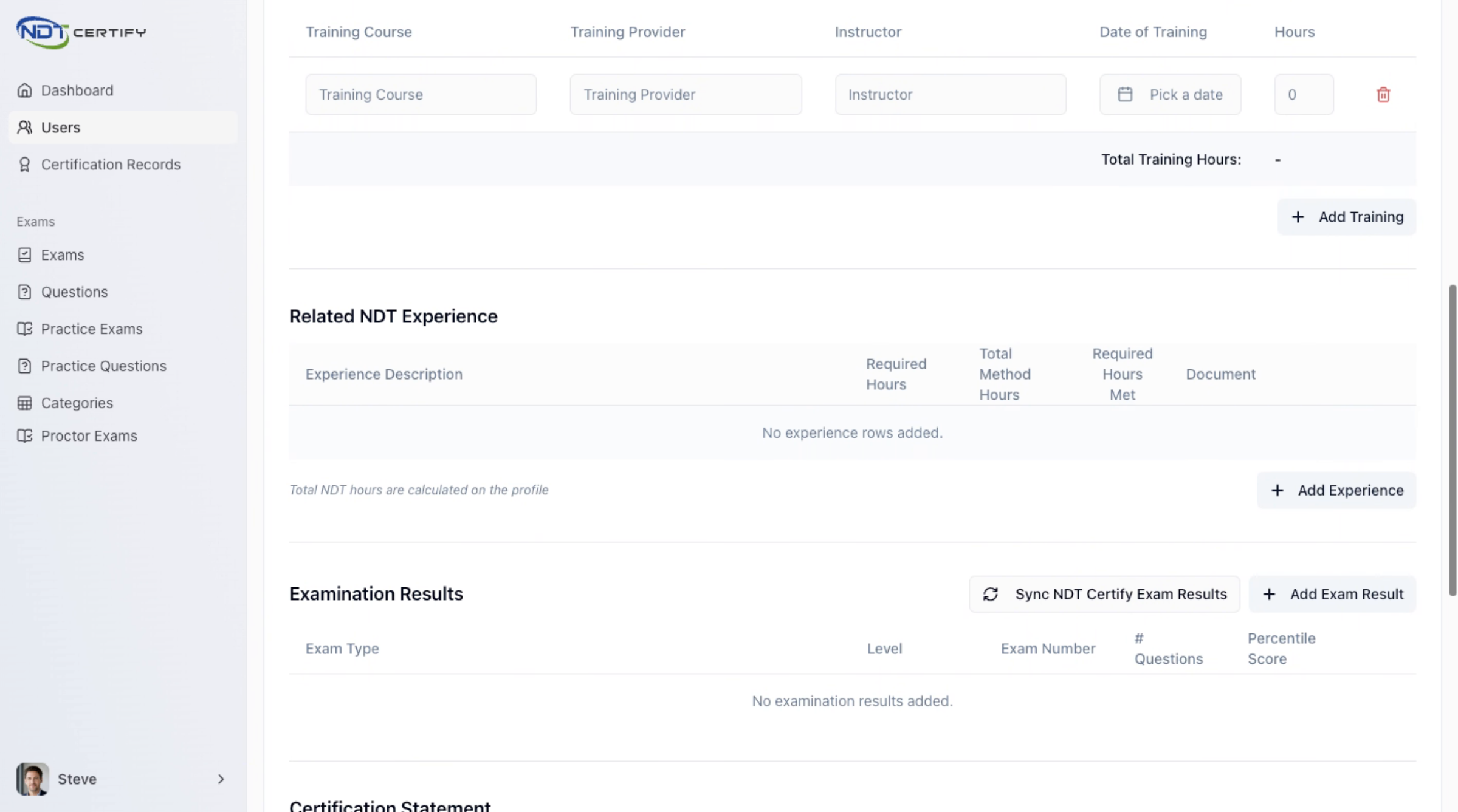 Screenshot: Add Experience and Exam Results
