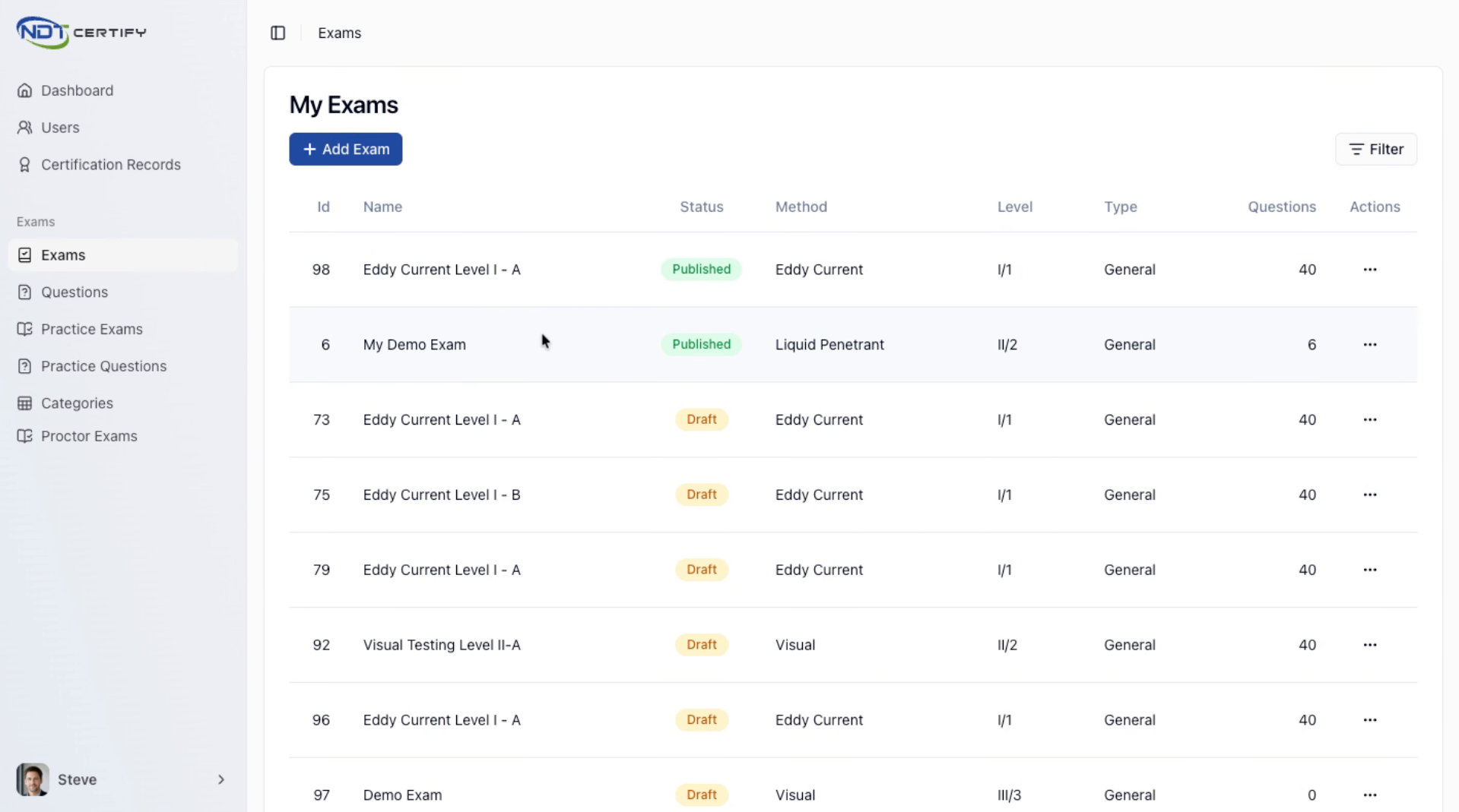 Screenshot: Review Existing Exams List