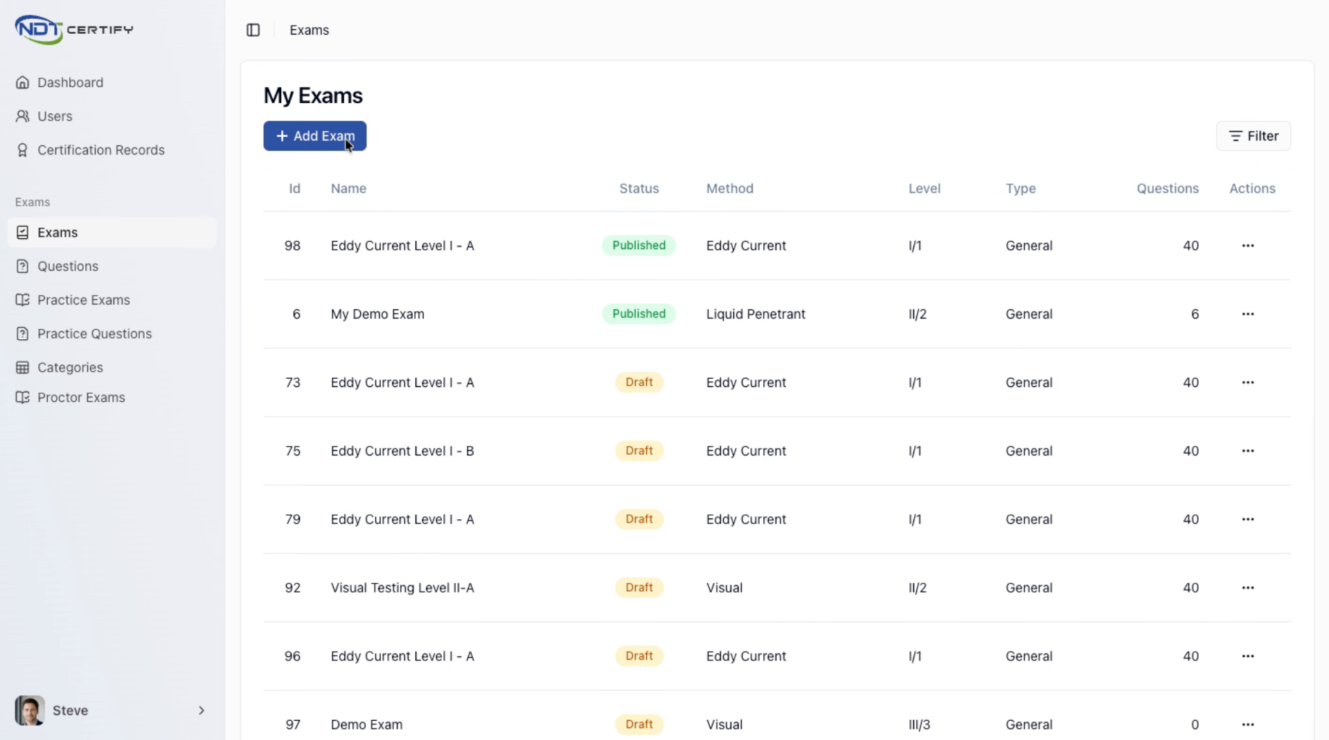 Screenshot: Add a New Exam