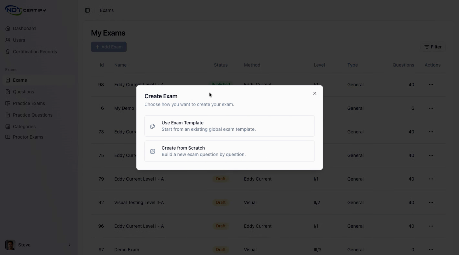 Screenshot: Select Exam Template Option