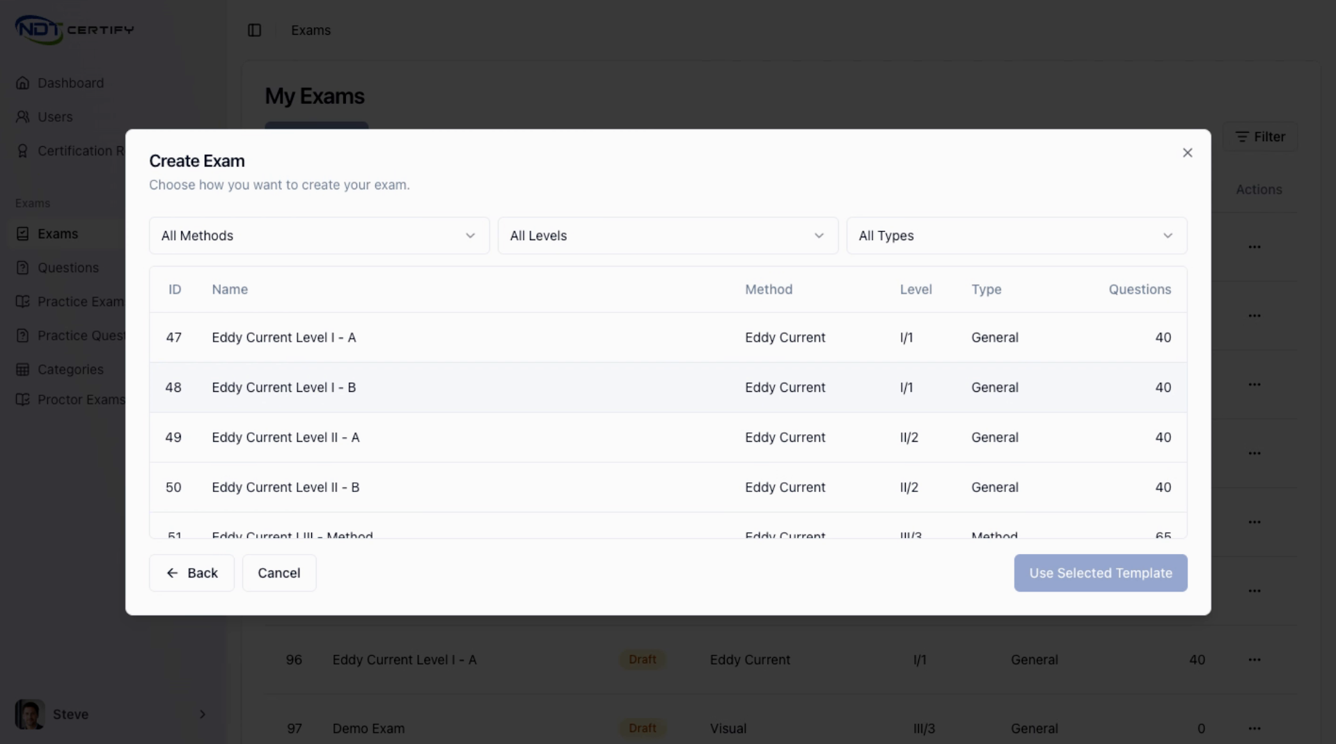 Screenshot: Choose Method and Level