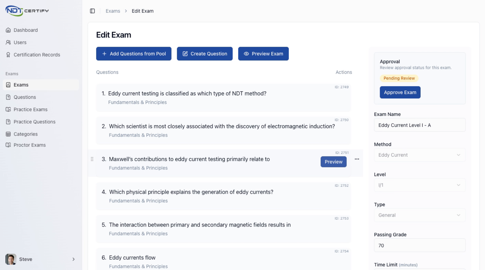 Screenshot: Edit Exam Questions