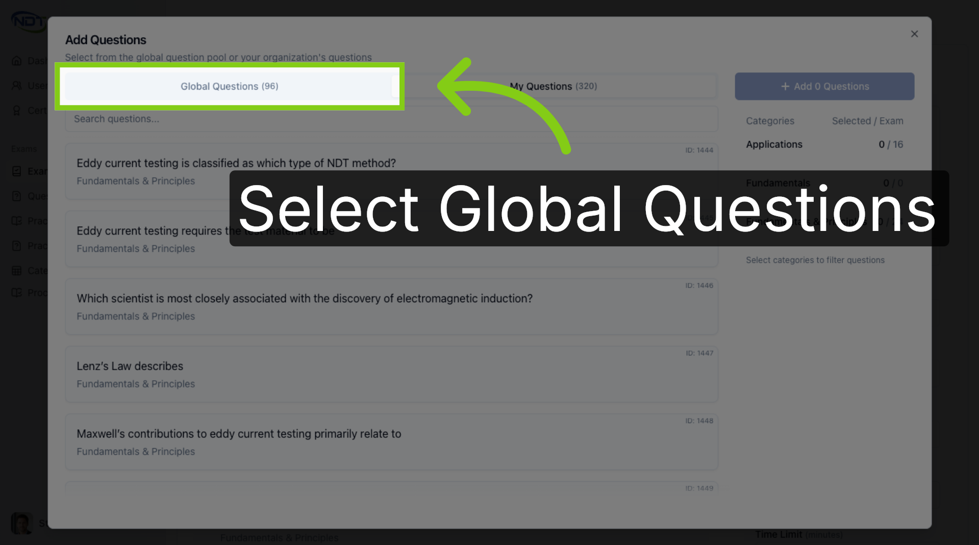 Screenshot: Access Global Questions