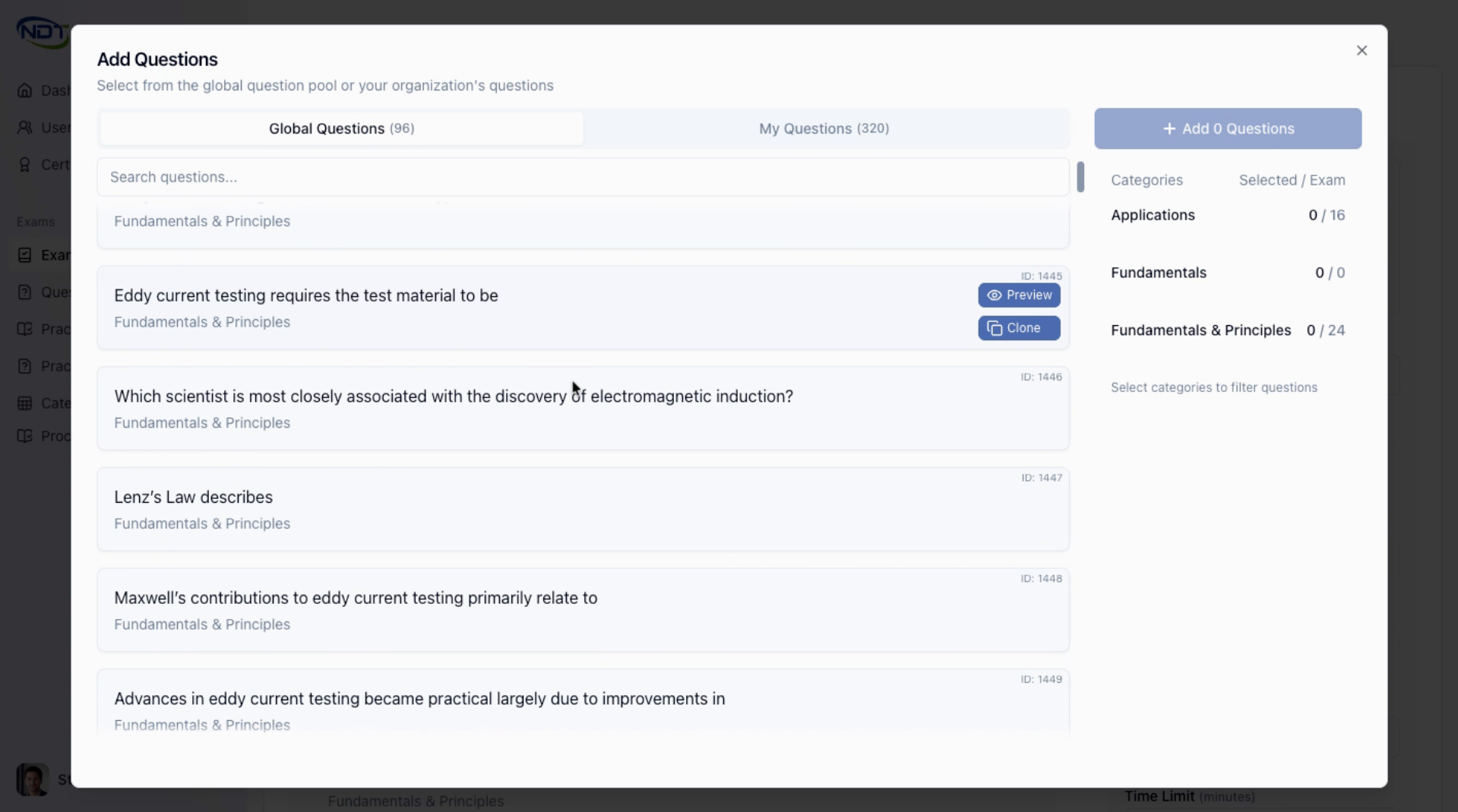 Screenshot: Clone Questions for Editing