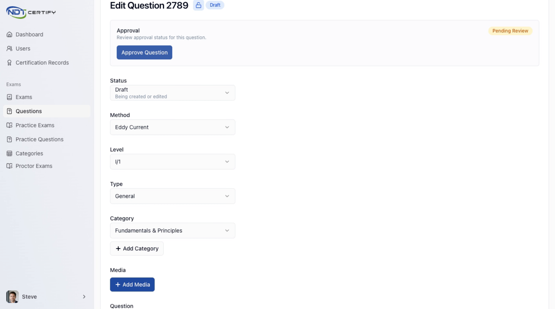 Screenshot: Set Question Status