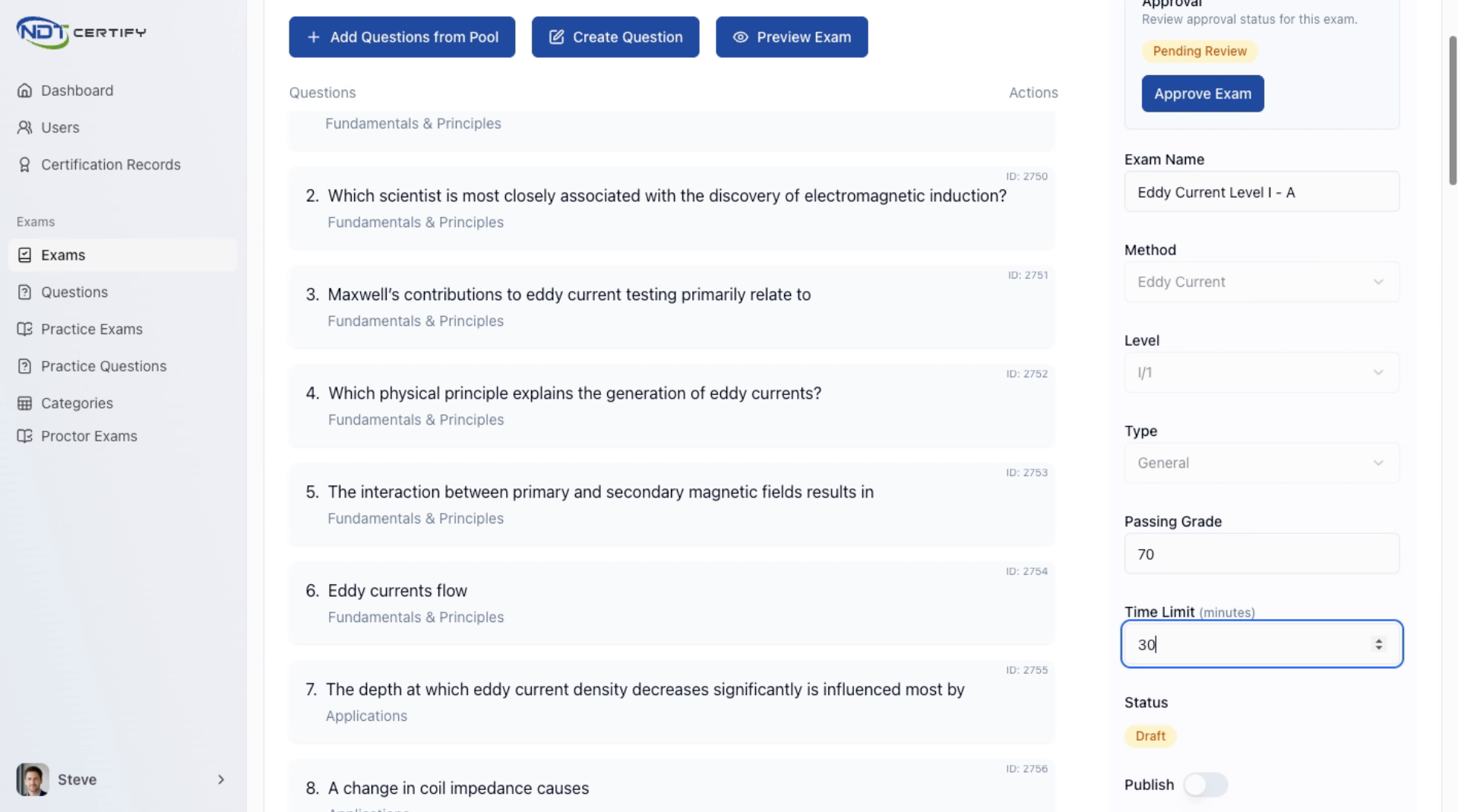 Screenshot: Approve the Exam