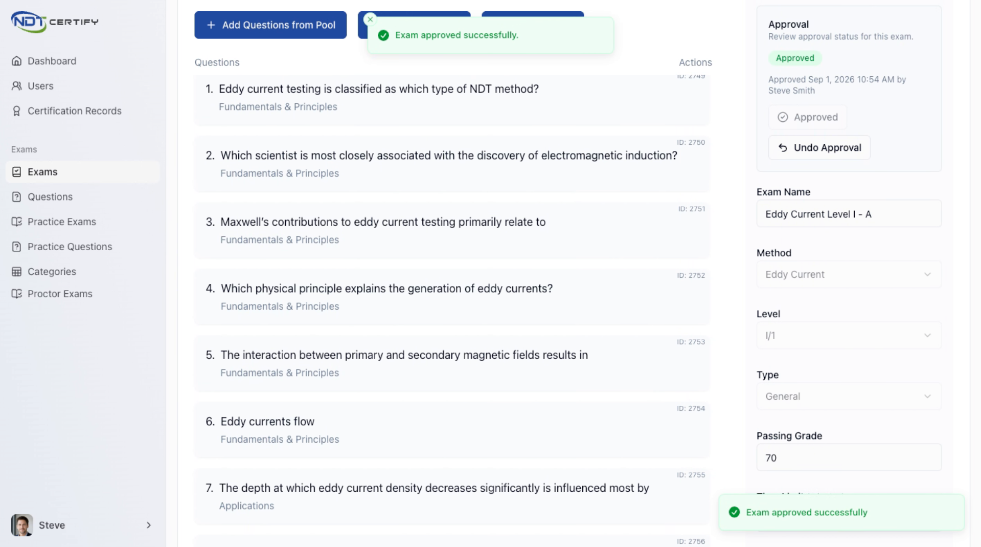Screenshot: Review Exam Approval Record