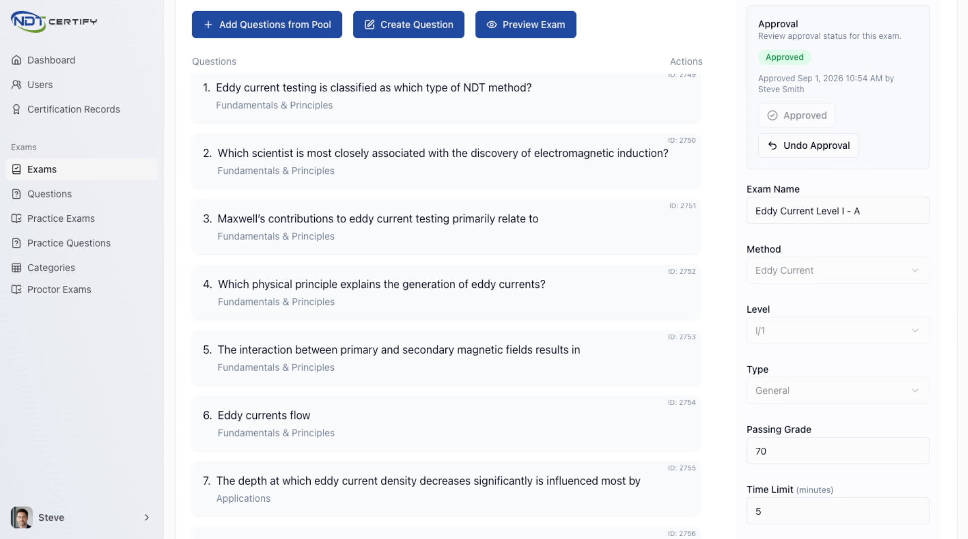 Screenshot: Save and Publish Exam