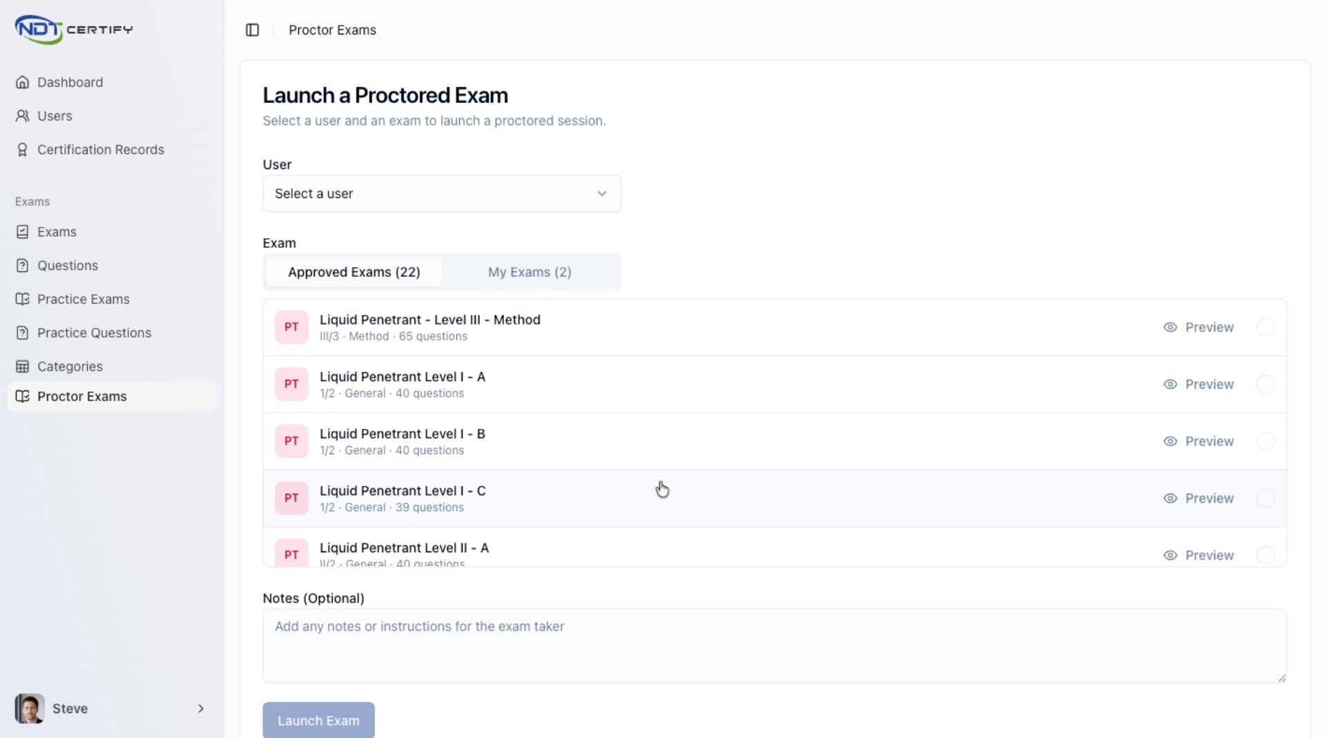 Screenshot: Select Exam User