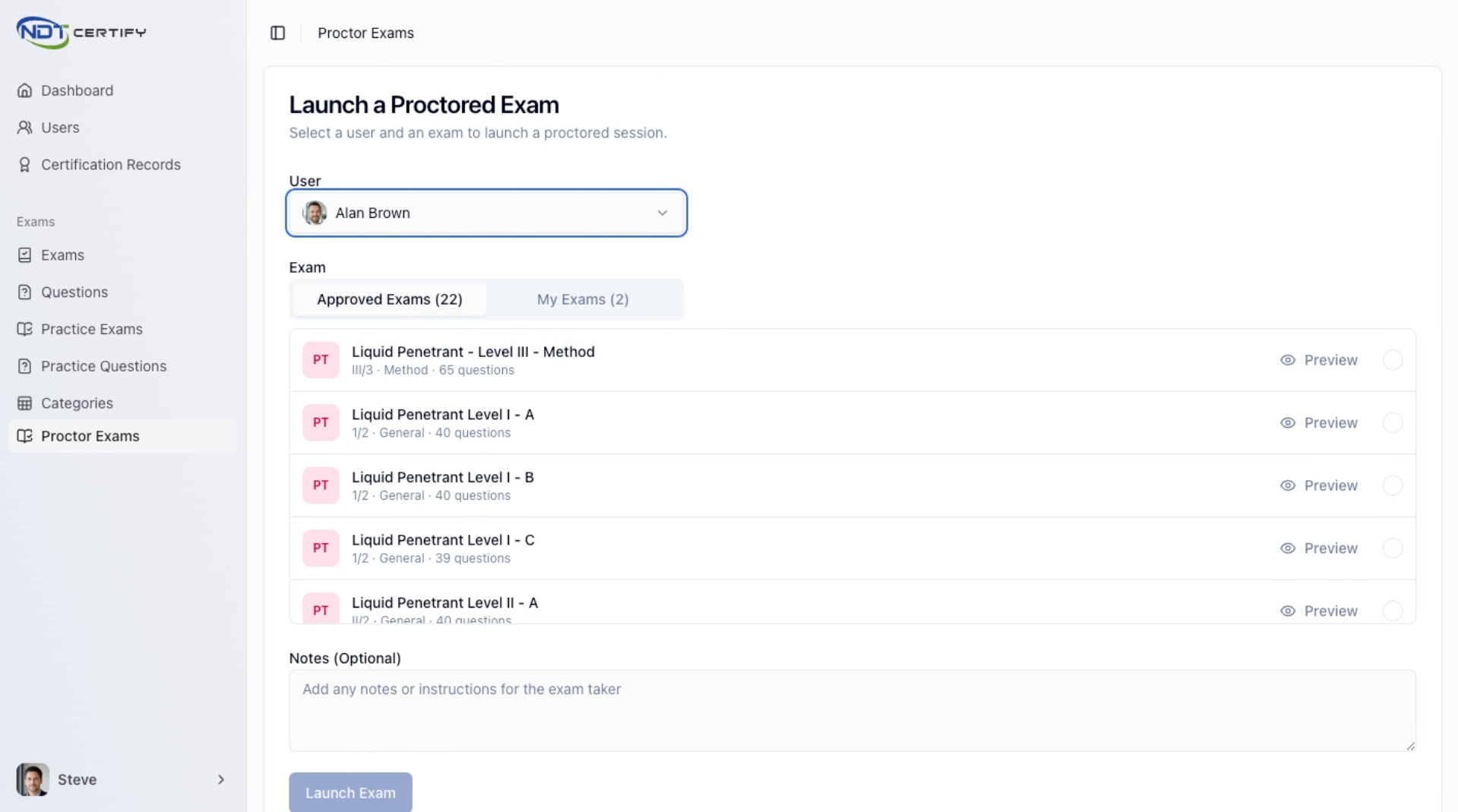 Screenshot: Select Custom or Level Three Exam