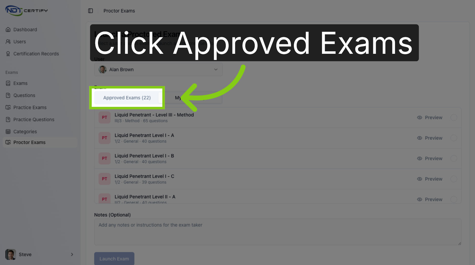 Screenshot: Access Approved Exams List