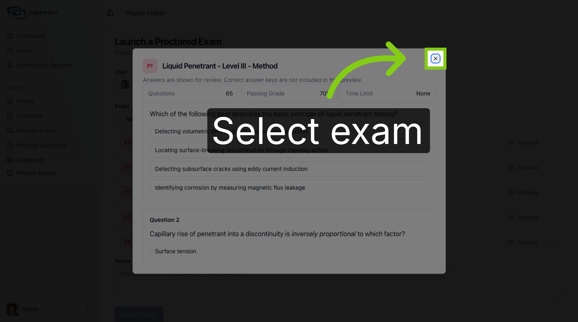 Screenshot: Select Exam to Proctor