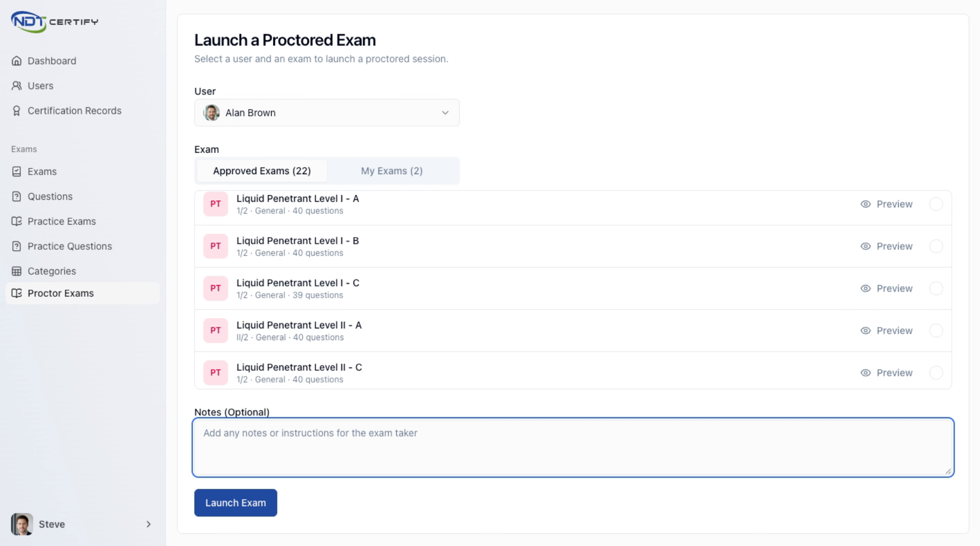 Screenshot: Add Notes and Launch Exam