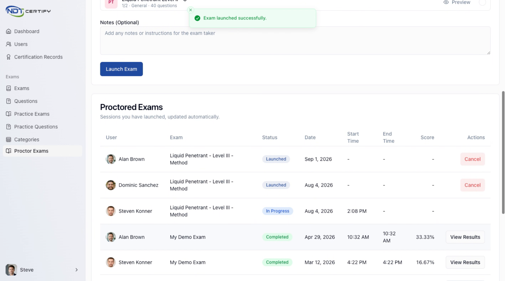 Screenshot: View Exam Status List