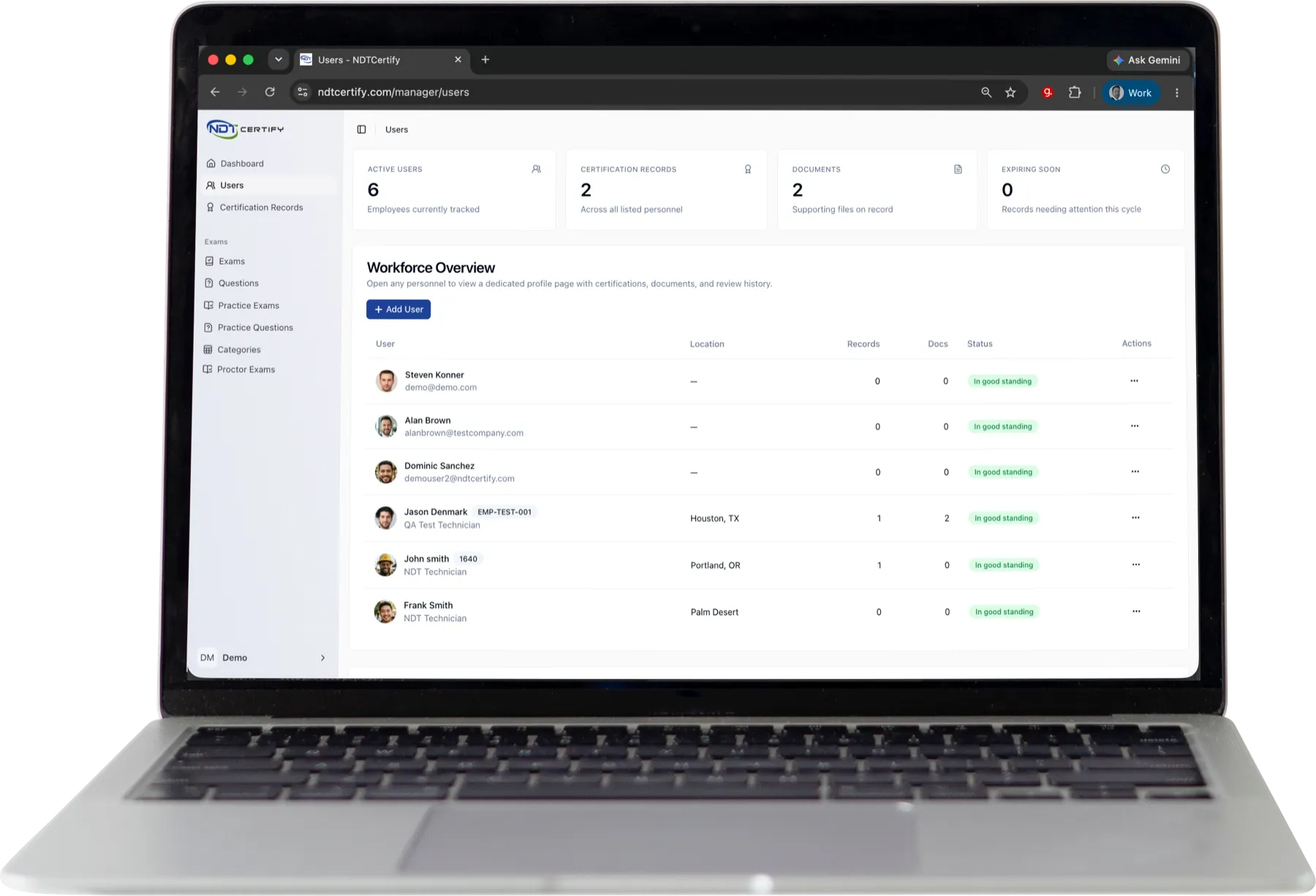 NDTCertify workforce overview on a laptop