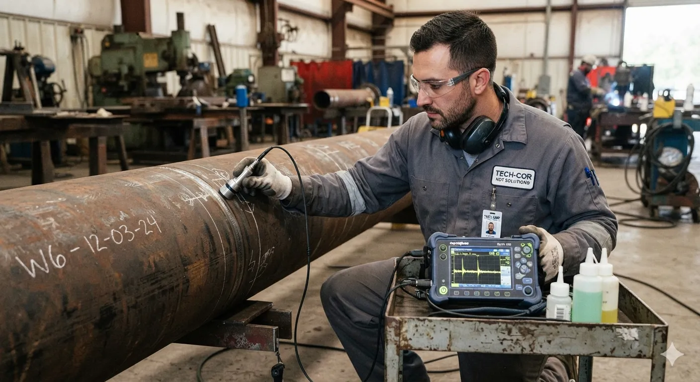 An NDT technician performing an ultrasonic inspection on pipe