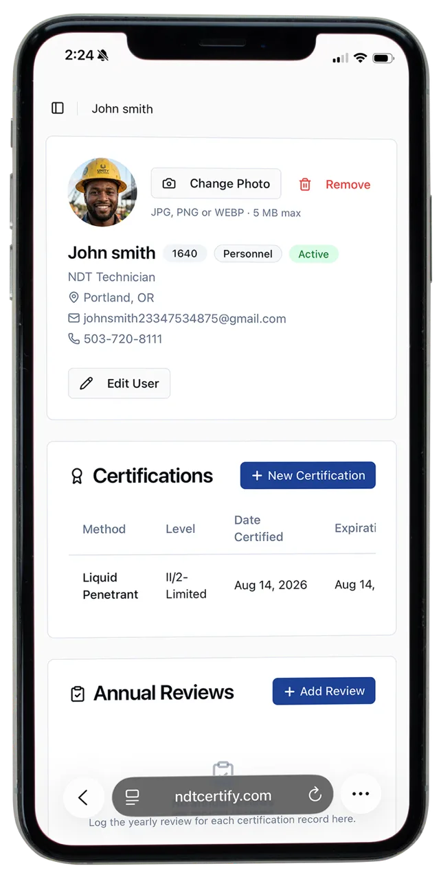 An NDT technician profile in NDTCertify on a phone